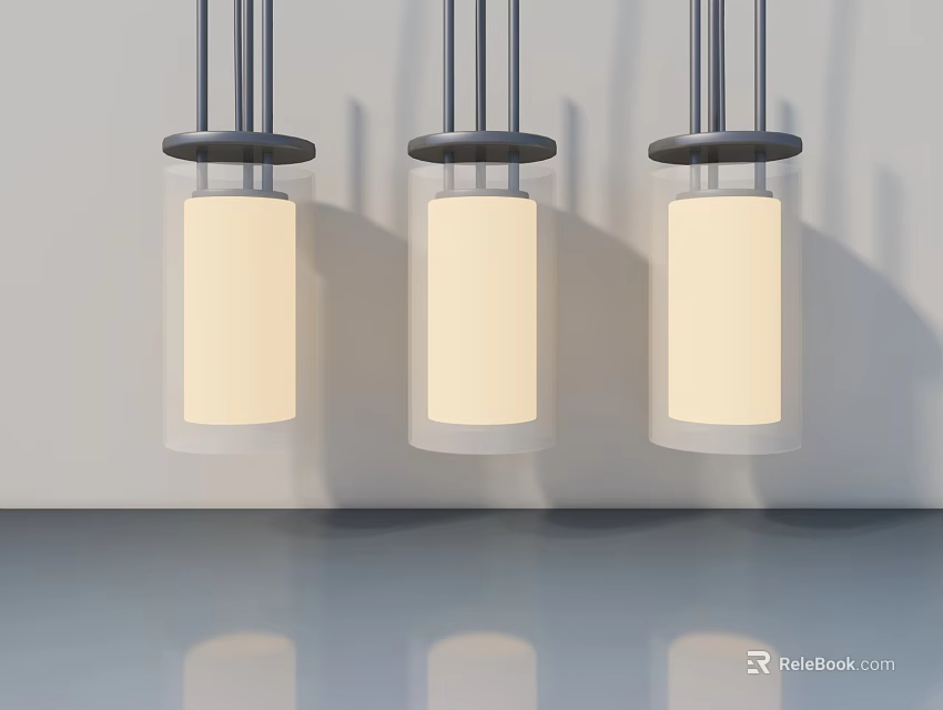 Hinged Door In Modern Interior With Three Pendant Lights And Gray Flooring Reflections 3d model 