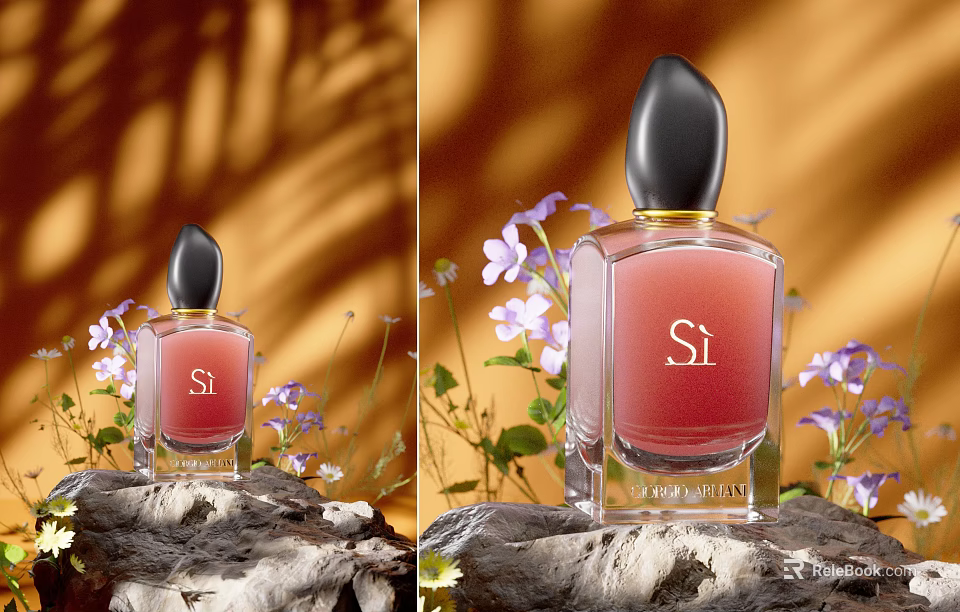 Si Perfume Glass Bottle With Purple Flowers On Wooden Surface And Warm Background 3d model 