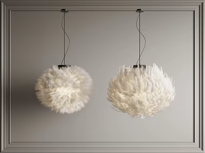 Two White Feather Pendant Lights In Elegant Modern Interior With Grey Wall Frame 3d model