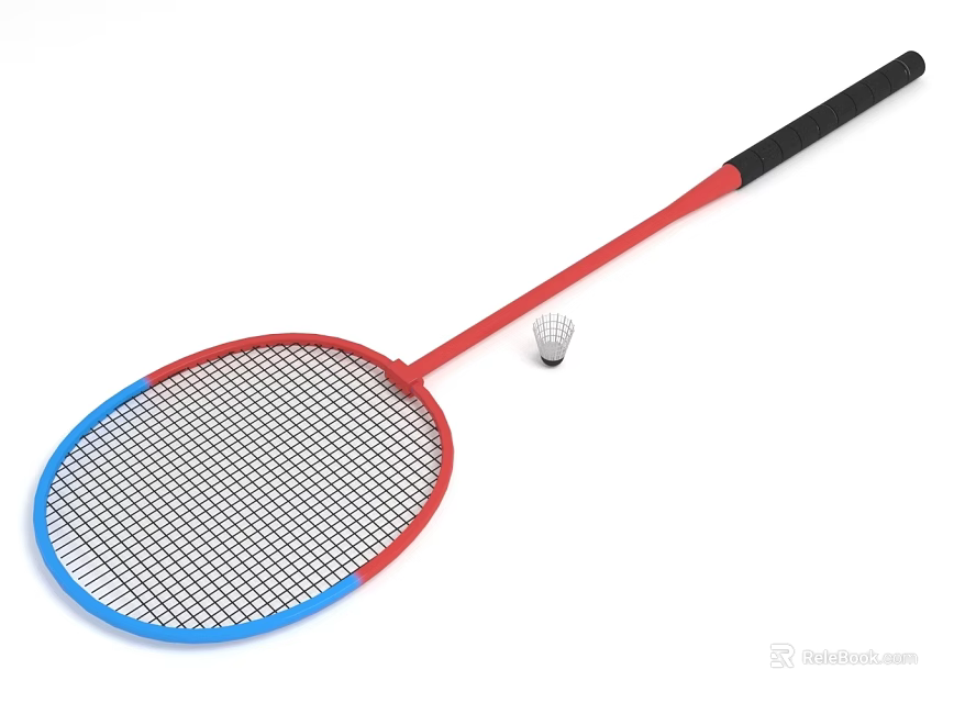 Red Blue Frame Badminton Racket With Black Handle And White Shuttlecock Sports Equipment 3d model 