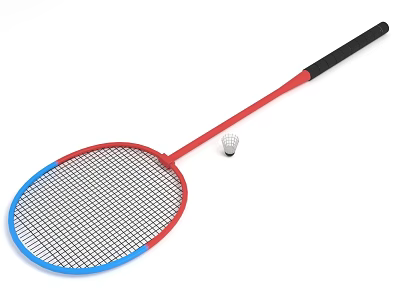 Red Blue Frame Badminton Racket With Black Handle And White Shuttlecock Sports Equipment 3d model