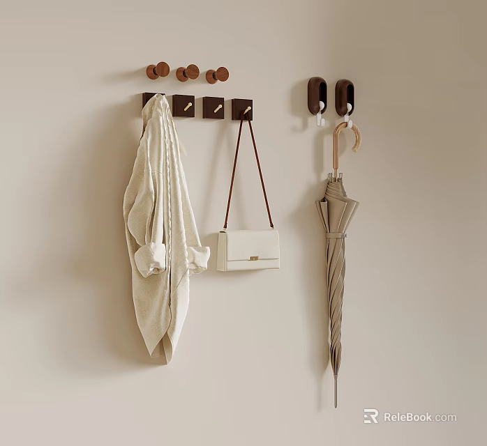 Wall Hanging Setup With White Handbag Coat And Umbrella On Beige Wall Hooks 3d model 