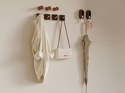 Wall Hanging Setup With White Handbag Coat And Umbrella On Beige Wall Hooks 3d model