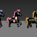 Three Black Toy Ponies with Various Decorations Purple Pink Yellow Manes and Colorful Patterns