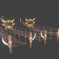 Wooden Plank Suspension Bridge With Ropes And Horn Shaped Decorative Pillars