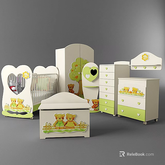 Cute Baby Crib Set With Teddy Bear Design Green White Furniture And Drawer Cabinet 3d model 