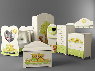 Cute Baby Crib Set With Teddy Bear Design Green White Furniture And Drawer Cabinet 3d model