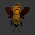 Detailed 3D rendered yellow and orange bee with transparent wings textured body and compound eyes