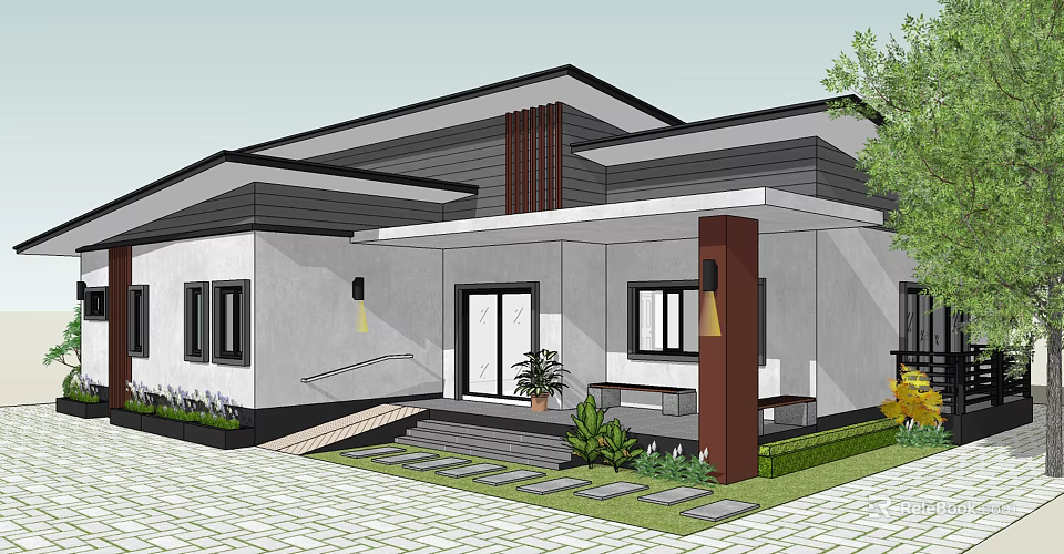 Modern Single Family House With White Walls Wooden Pillar Porch And Landscaped Garden 3d model 