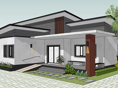Modern Single Family House With White Walls Wooden Pillar Porch And Landscaped Garden 3d model