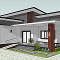 Modern Single Family House With White Walls Wooden Pillar Porch And Landscaped Garden