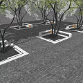 Multiple Circular Tree Planters on Green Lawn with Decorative Edges and Paved Ground