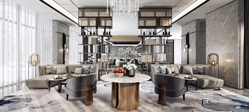 Elegant Modern Lounge Area With Plush Sofas Round Marble Table And Crystal Chandelier 3d model