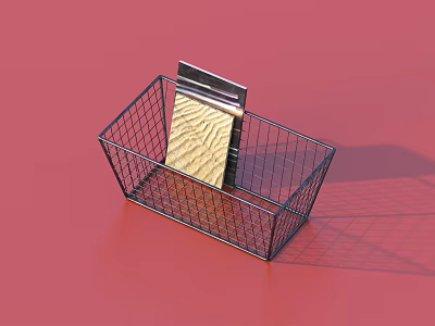 Black Wire Mesh Storage Basket Holding Wooden Textured Book On Red Background 3d model