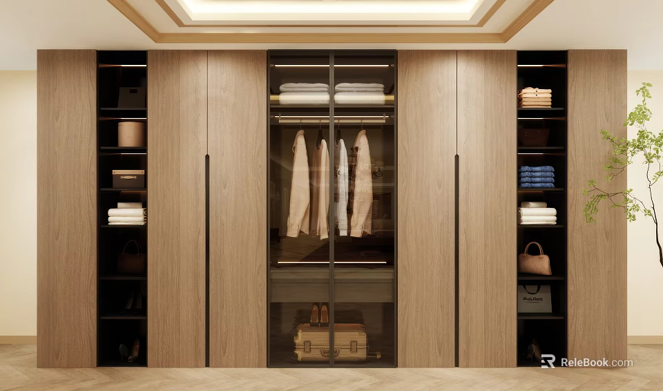 Modern Wooden Wardrobe Interior With Glass Doors Hanging Clothes And Storage Shelves 3d model 