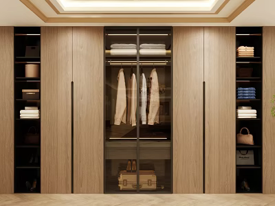Modern Wooden Wardrobe Interior With Glass Doors Hanging Clothes And Storage Shelves 3d model
