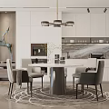 Cream Style Round Dining Table and Chair Combination Round Table Sideboard Artwork Decoration Restaurant Chandelier 3d model