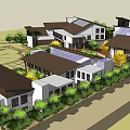 Contemporary Building Complex Design With White Walls Dark Roofs Green Landscaping And Circular Courtyard
