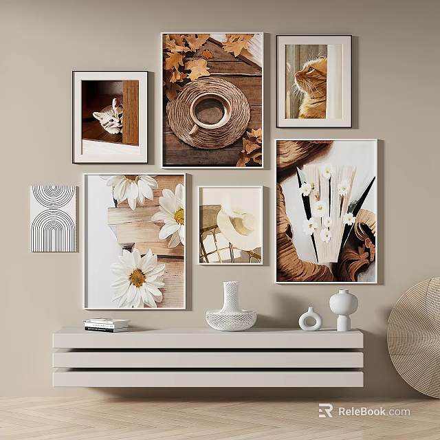 Stylish Interior Wall Decor With Framed Cat Pictures Coffee Cup Floral And Geometric Artworks 3d model 