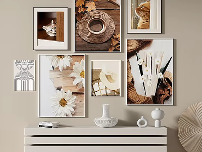 Stylish Interior Wall Decor With Framed Cat Pictures Coffee Cup Floral And Geometric Artworks 3d model