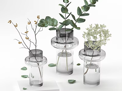 Minimalist Transparent Glass Vases With Various Green Leaves And Small White Flowers On White Background 3d model