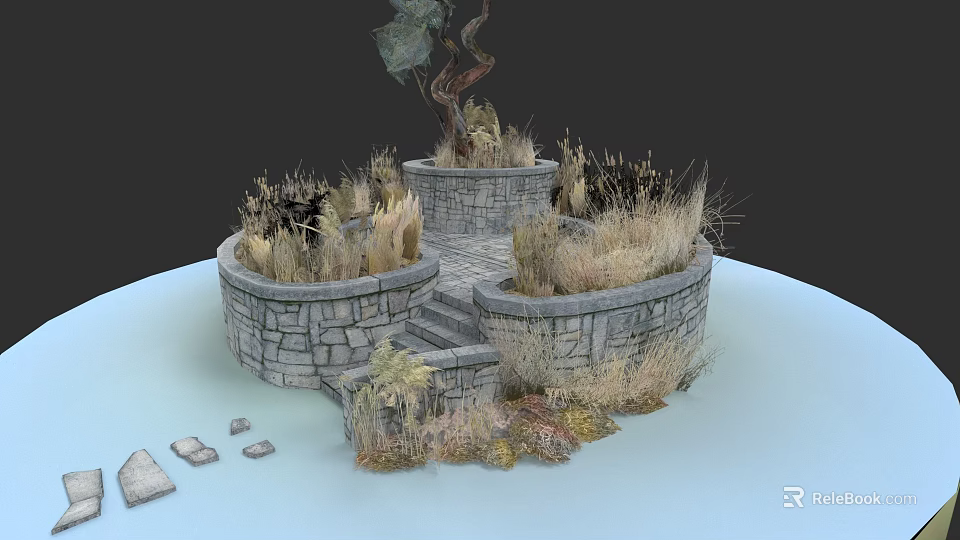 Rustic Stone Background Wall with Dry Grass Plants Stone Steps and Twisted Tree Trunk 3d model 