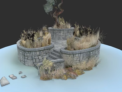 Rustic Stone Background Wall with Dry Grass Plants Stone Steps and Twisted Tree Trunk 3d model