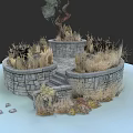 Rustic Stone Background Wall with Dry Grass Plants Stone Steps and Twisted Tree Trunk