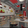 Hotpot Restaurant Interior Design With Red Pendant Lights Wall Decor And Wooden Tables Chairs
