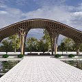 Curved Wooden Pavilion With Honeycomb Roof And Water Reflection In Garden Landscape