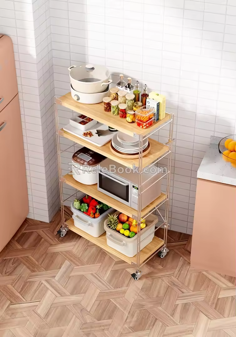Kitchen Japanese-style Storage Rack Household Floor-standing Multi-layer Balcony Storage Cabinet Oven Microwave Oven Simple Assembly Shelf 3d model
