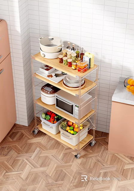 Multi tiered Kitchen Shelving Unit with Wheels for Pots Dishes Vegetables and Microwave Storage 3d model 