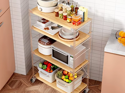Multi tiered Kitchen Shelving Unit with Wheels for Pots Dishes Vegetables and Microwave Storage 3d model