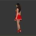 Woman In Red Dress With White Embroidery Long Hair And Red High Heels On Gray Background