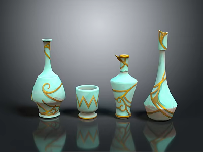 Turquoise Ceramic Vases And Cup With Golden Decorative Patterns For Home Decor 3d model
