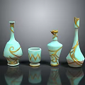 Turquoise Ceramic Vases And Cup With Golden Decorative Patterns For Home Decor