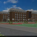 Red Brick Multi Story School Building With Playground Basketball Hoops Greenery And Students Playing