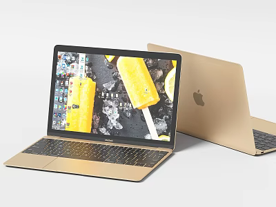 Golden Apple MacBook Laptop Displaying Yellow Popsicles On Screen With Clean Background 3d model