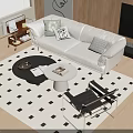 Modern White Sofa Coffee Table Set With Black White Pillows And Checkered Rug 3d model