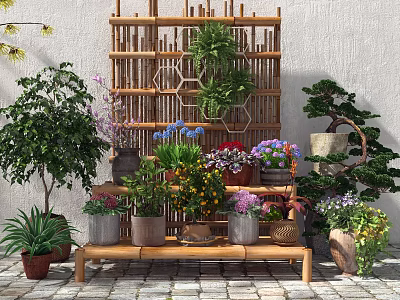 Garden Ornaments With Bamboo Rack Various Potted Plants And Colorful Flowers On Stone Brick Floor 3d model