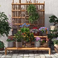 Garden Ornaments With Bamboo Rack Various Potted Plants And Colorful Flowers On Stone Brick Floor