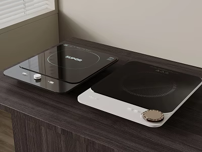 SEVERIN Black And White Induction Cooktops With Control Knobs On Wooden Table 3d model