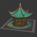 Traditional Chinese Pavilion With Green Roof Red Pillars And Lotus Pond