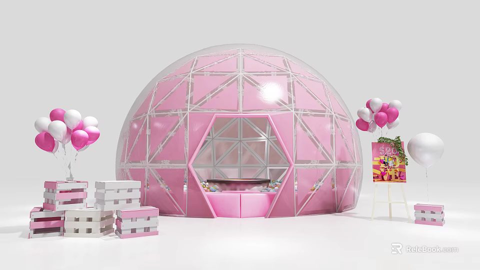 Pink Transparent Dome Structure With Balloons Mini House Models And Easel Poster 3d model
