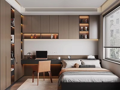 Modern Tatami Bedroom Interior with Built-in Bookshelves Desk Chair Bed Window Blinds and Soft Lighting 3d model