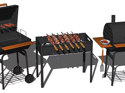 Outdoor Barbecue Grill Setup With Meat Skewers And Grilling Tools 3d model