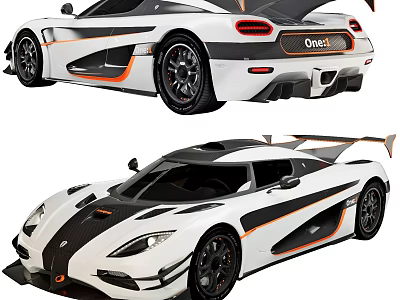 Koenigsegg One1 White Sports Car With Black And Orange Stripes And Carbon Fiber Exterior 3d model