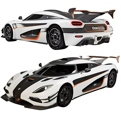 Koenigsegg One1 White Sports Car With Black And Orange Stripes And Carbon Fiber Exterior 3d model