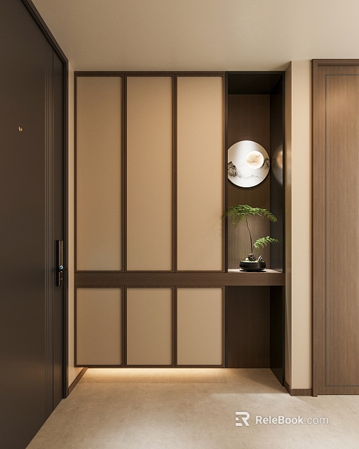 Modern Wooden Shoe Cabinet Interior With Round Mirror And Small Plant Decor 3d model 