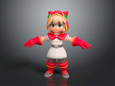 Cute Cartoon Girl Character With Cat Ear Hat Red White Dress Gloves Green Yellow Trim 3d model